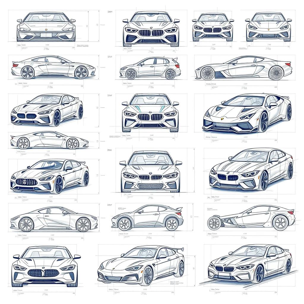 A series of thirty intricately designed blueprint sketches showcasing a wide variety of car body models