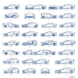 A series of thirty intricately designed blueprint sketches showcasing a wide variety of car body models