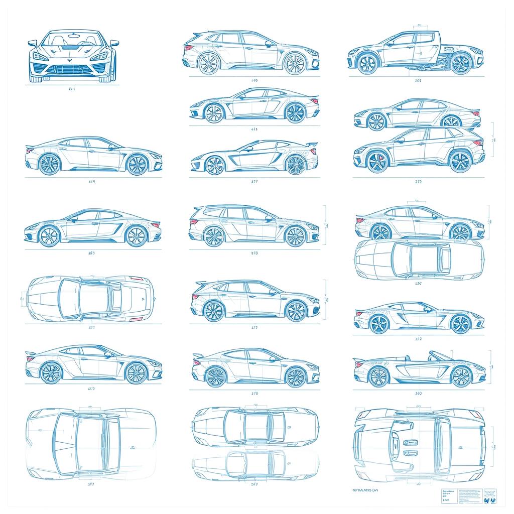 A comprehensive collection of twenty intricate blueprint-style sketches depicting car bodies from multiple perspectives: front, back, right, left, up, and down