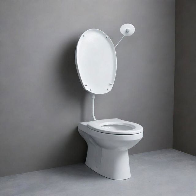 A peculiar hybrid object, half-loo, half-antenna, representing a surreal quirky concept with the traditional toilet morphing into a giant communication antenna.