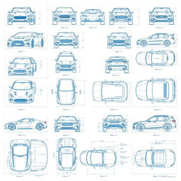 A comprehensive collection of twenty intricate blueprint-style sketches depicting car bodies from multiple perspectives: front, back, right, left, up, and down