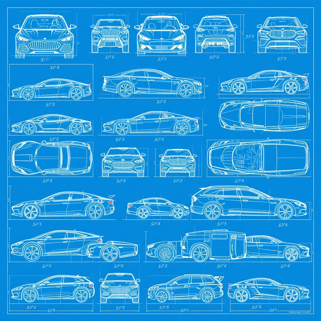 A comprehensive collection of twenty intricate blueprint-style sketches depicting car bodies from multiple perspectives: front, back, right, left, up, and down