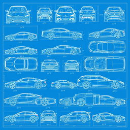 A comprehensive collection of twenty intricate blueprint-style sketches depicting car bodies from multiple perspectives: front, back, right, left, up, and down