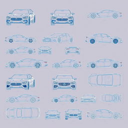 A comprehensive collection of twenty intricate blueprint-style sketches depicting car bodies from multiple perspectives: front, back, right, left, up, and down