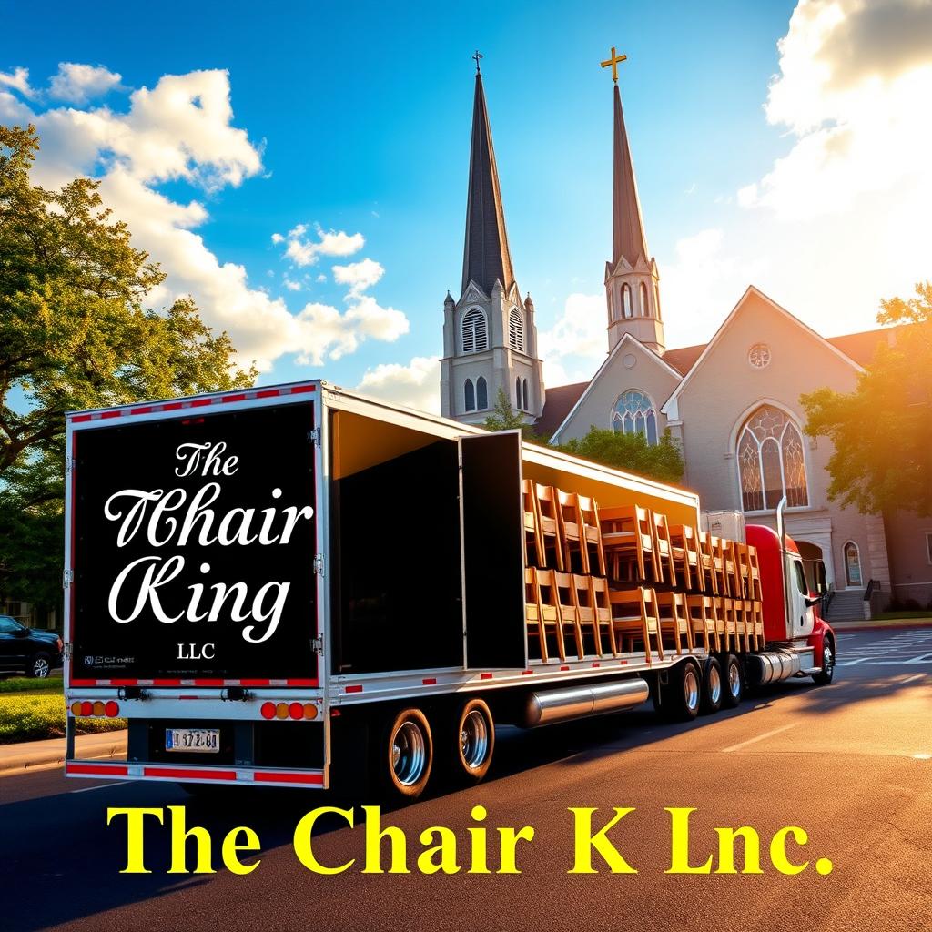 A dynamic and vibrant poster featuring a semi-truck with 'The Chair King LLC' written in bold, elegant letters on the side