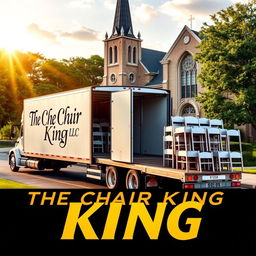 A dynamic and vibrant poster featuring a semi-truck with 'The Chair King LLC' written in bold, elegant letters on the side