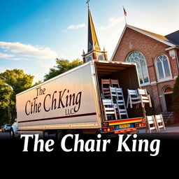 A dynamic and vibrant poster featuring a semi-truck with 'The Chair King LLC' written in bold, elegant letters on the side