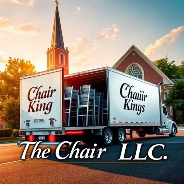 A dynamic and vibrant poster featuring a semi-truck with 'The Chair King LLC' written in bold, elegant letters on the side