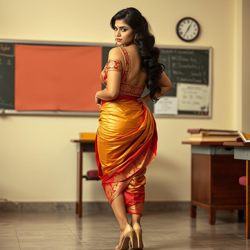 A seductive Indian teacher with an alluring presence, wearing a golden and red combination Mekhela Chadar