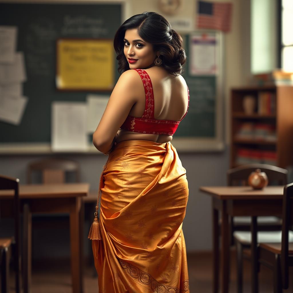 A seductive Indian teacher with an alluring presence, wearing a golden and red combination Mekhela Chadar