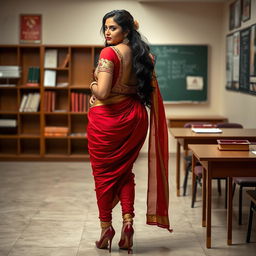 A seductive Indian teacher with an alluring presence, wearing a golden and red combination Mekhela Chadar