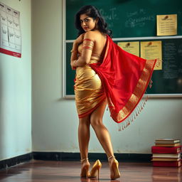 A seductive Indian teacher with an alluring presence, wearing a golden and red combination Mekhela Chadar