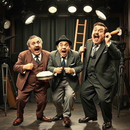 A humorous scene capturing the essence of slapstick comedy, featuring three bumbling characters reminiscent of the legendary trio from classic comedic films, performing exaggerated and chaotic antics in a vintage setting