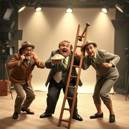 A humorous scene capturing the essence of slapstick comedy, featuring three bumbling characters reminiscent of the legendary trio from classic comedic films, performing exaggerated and chaotic antics in a vintage setting