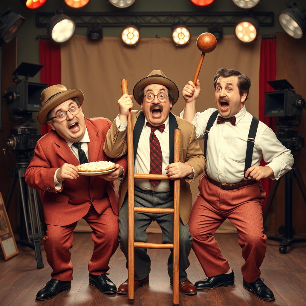 A humorous scene capturing the essence of slapstick comedy, featuring three bumbling characters reminiscent of the legendary trio from classic comedic films, performing exaggerated and chaotic antics in a vintage setting