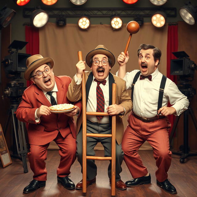 A humorous scene capturing the essence of slapstick comedy, featuring three bumbling characters reminiscent of the legendary trio from classic comedic films, performing exaggerated and chaotic antics in a vintage setting