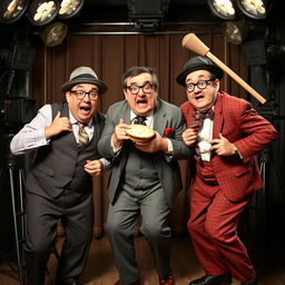 A humorous scene capturing the essence of slapstick comedy, featuring three bumbling characters reminiscent of the legendary trio from classic comedic films, performing exaggerated and chaotic antics in a vintage setting