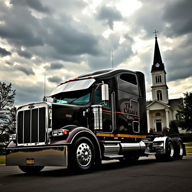 a powerful semi-truck with the words 'The Chiar King LLC' emblazoned on its side, situated prominently in the foreground