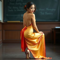 A stunning Thai teacher, elegantly positioned to highlight her sexy legs