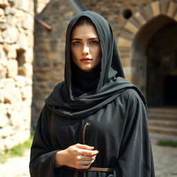 a medieval Cathar woman embodying perfection, depicted wearing a black monkish habit