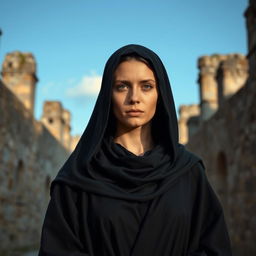 a medieval Cathar woman embodying perfection, depicted wearing a black monkish habit