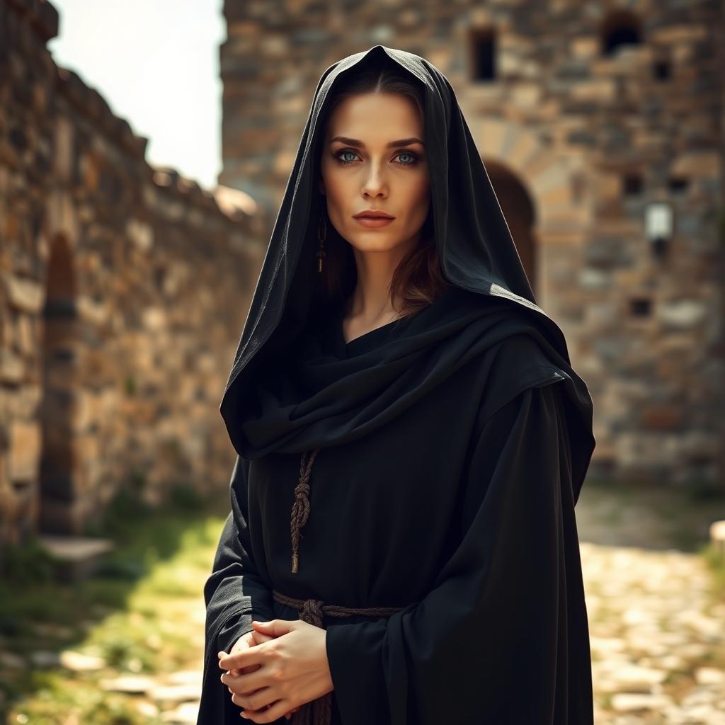 a medieval Cathar woman embodying perfection, depicted wearing a black monkish habit