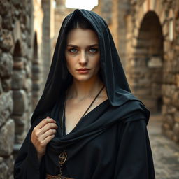 a medieval Cathar woman embodying perfection, depicted wearing a black monkish habit