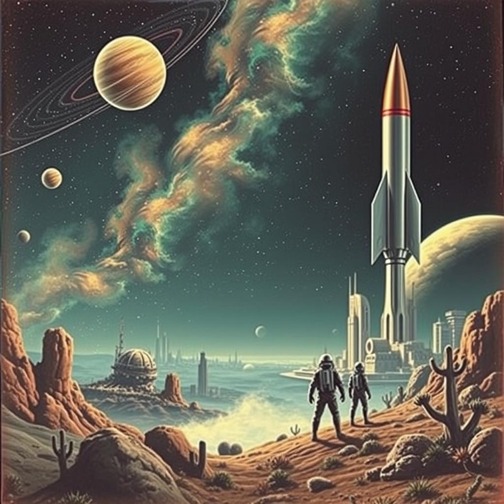 A vintage science fiction scene featuring iconic elements such as a rocket ship, distant planets, and a starry galaxy with a nebula backdrop