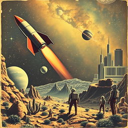 A vintage science fiction scene featuring iconic elements such as a rocket ship, distant planets, and a starry galaxy with a nebula backdrop