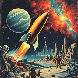 A vintage science fiction scene featuring iconic elements such as a rocket ship, distant planets, and a starry galaxy with a nebula backdrop