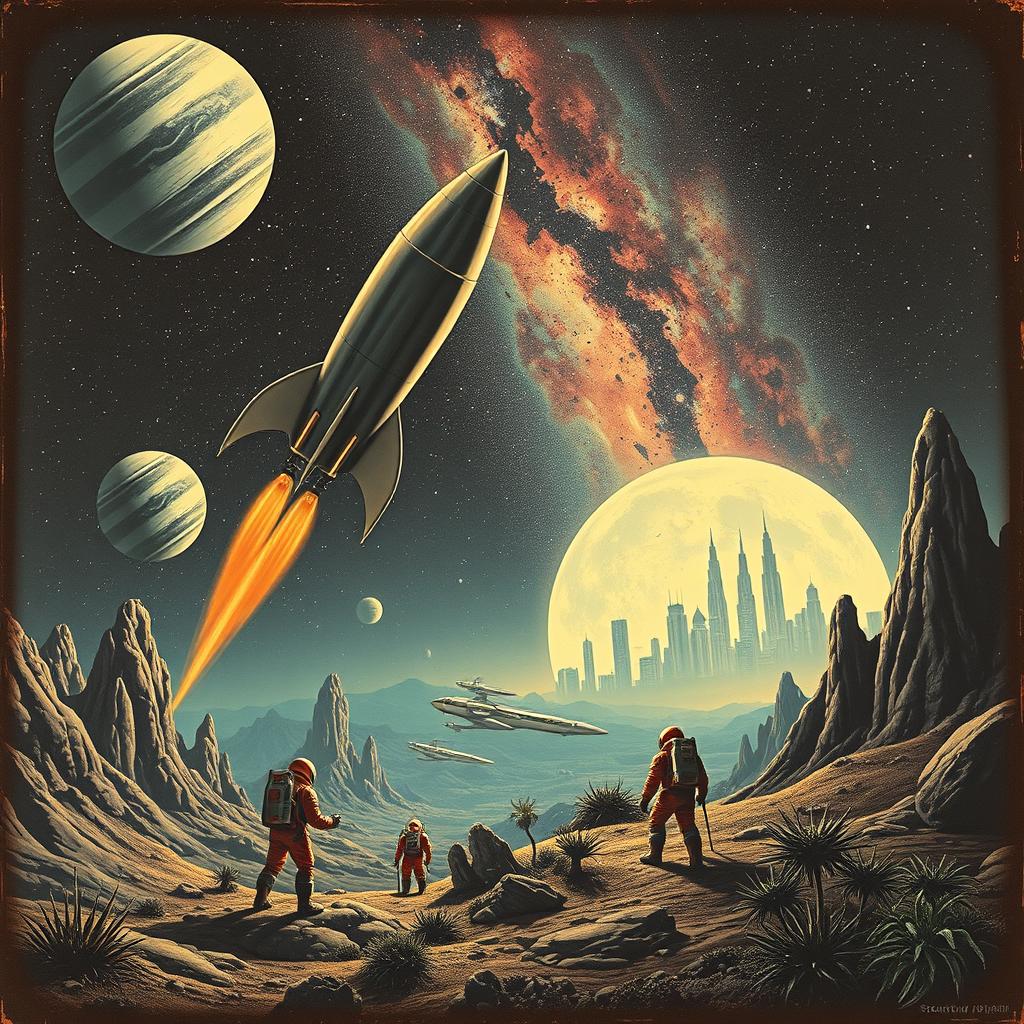 A vintage science fiction scene featuring iconic elements such as a rocket ship, distant planets, and a starry galaxy with a nebula backdrop