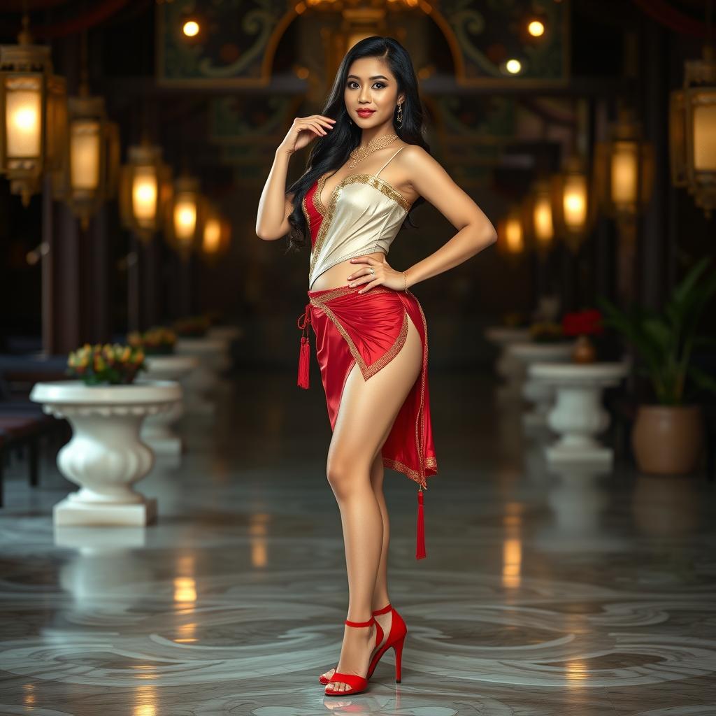 A sensual Thai woman showcasing her sexy legs and confident demeanor, dressed in a seductive Mekhela Chadar with a harmonious blend of cream, golden, and red colors