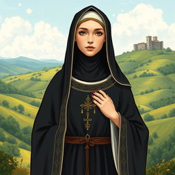 an illustration of a medieval Cathar woman epitomizing perfection, dressed in a black nun's habit