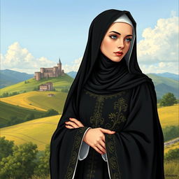 an illustration of a medieval Cathar woman epitomizing perfection, dressed in a black nun's habit