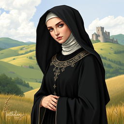 an illustration of a medieval Cathar woman epitomizing perfection, dressed in a black nun's habit