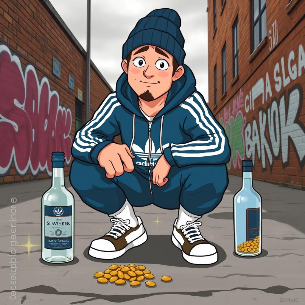 An animated depiction of a Slav person, dressed in iconic Slav style clothing such as an Adidas tracksuit and a beanie