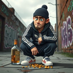 An animated depiction of a Slav person, dressed in iconic Slav style clothing such as an Adidas tracksuit and a beanie