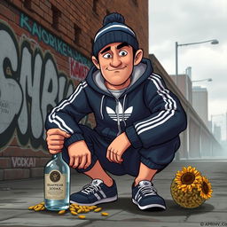 An animated depiction of a Slav person, dressed in iconic Slav style clothing such as an Adidas tracksuit and a beanie