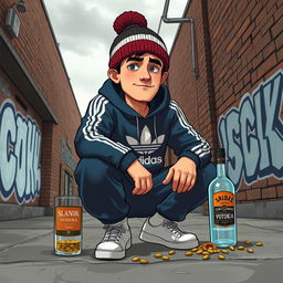 An animated depiction of a Slav person, dressed in iconic Slav style clothing such as an Adidas tracksuit and a beanie