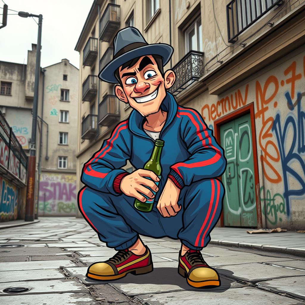 A humorous and animated depiction of a Slav character, wearing a classic tracksuit, squatting in a relaxed and confident pose, with a mischievous grin on his face