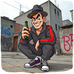 A humorous and animated depiction of a Slav character, wearing a classic tracksuit, squatting in a relaxed and confident pose, with a mischievous grin on his face