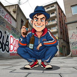 A humorous and animated depiction of a Slav character, wearing a classic tracksuit, squatting in a relaxed and confident pose, with a mischievous grin on his face