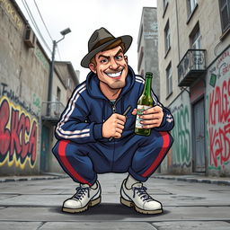 A humorous and animated depiction of a Slav character, wearing a classic tracksuit, squatting in a relaxed and confident pose, with a mischievous grin on his face