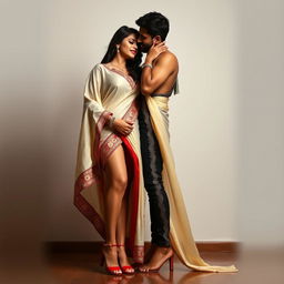 A sensual scene featuring an Assamese woman with a voluptuous figure and sexy legs, wearing an alluring Mekhela Chadar that combines cream, golden, and red colors