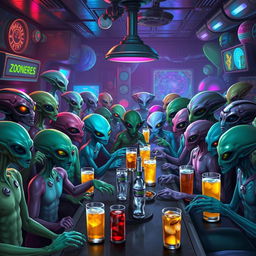 A lively extraterrestrial bar filled with a diverse array of alien customers from different planets and galaxies