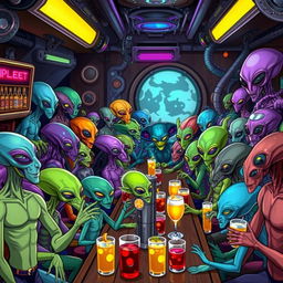 A lively extraterrestrial bar filled with a diverse array of alien customers from different planets and galaxies