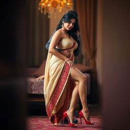 An intimate scene showcasing an Assamese woman with an alluring figure, featuring sexy legs and voluptuous curves