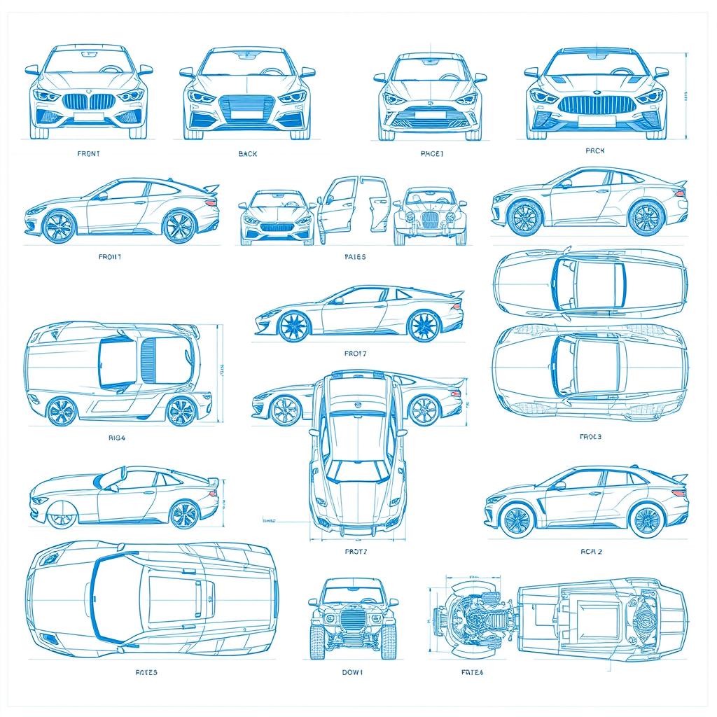 An extensive collection of twenty detailed blueprint-style sketches displaying car bodies from multiple angles: front, back, right, left, up, down, and bottom