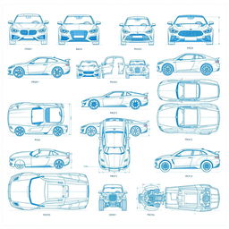 An extensive collection of twenty detailed blueprint-style sketches displaying car bodies from multiple angles: front, back, right, left, up, down, and bottom