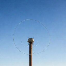 A detailed portrayal of a loop antenna, with its distinctive circular structure and metallic texture reflecting light. It's set against a clear sky highlighting its significance in signal transmission.